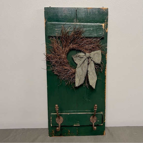 Handmade Other - VTG Handmade Wood Dark Green Shutter Cottagecore Style Wall Decor W/ Wreath 24”